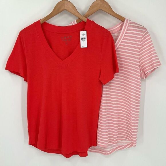 Loft Bundle Of 2 Everyday V-Neck Tee Coral Pink Stripe Women Small Very Soft - Picture 1 of 8